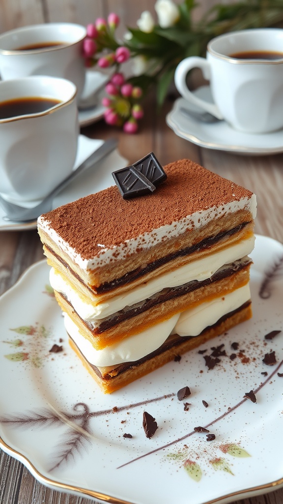 A slice of tiramisu cake with layers of mascarpone and coffee-soaked ladyfingers, garnished with cocoa and chocolate shavings, on a rustic table.